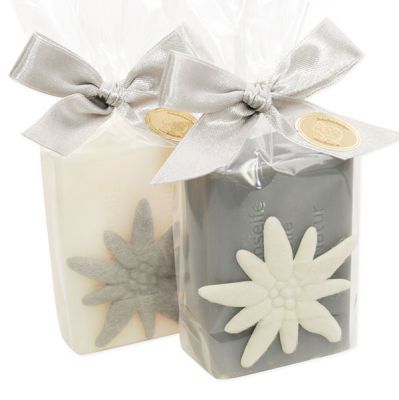 Sheep milk soap 100g, decorated with Edelweiss in a cellophane, Edelweiss white/silver 