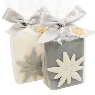 Sheep milk soap 100g decorated with Edelweiss in a cellophane, Edelweiss white/silver 