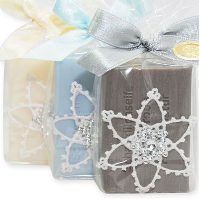 Sheep milk soap 100g, decorated with snowflake in a cellophane, sorted 