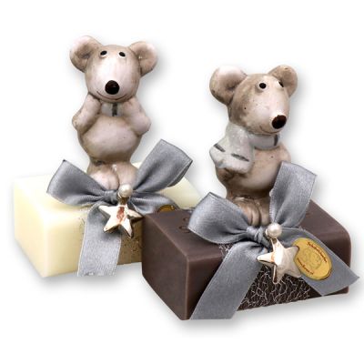 Sheep milk soap 100g decorated with a mouse, Classic/Christmas rose 