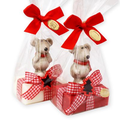 Schafmilchseife eckig 100g dekoriert mit Maus in Cello, Classic/Granatapfel 