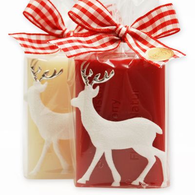 Schafmilchseife eckig 100g dekoriert mit Filzhirsch in Cello, Classic/Granatapfel 