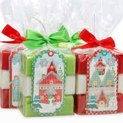 Schafmilchseife eckig 3x100g dekoriert mit weihnachtlicher Anhänger in Cello, Classic/Granatapfel/Apfel 
