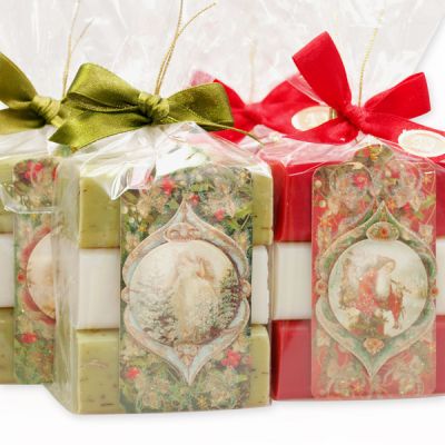 Schafmilchseife eckig 3x100g dekoriert mit Hänger  'Nostalgie' in Cello, Classic/Eisenkraut/Granatapfel/Winterzauber/Quitte 