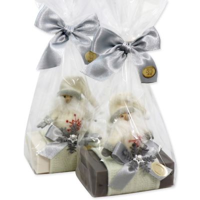 Sheep milk soap 150g decorated with a gnome in a cellophane, Classic/christmas rose silver 