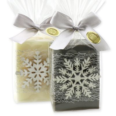 Sheep milk soap 150g decorated with a snowflake in a cellophane, Classic/christmas rose silver 