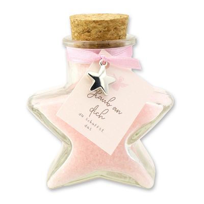 Bath salt 160g in a star shaped glass jar "Glaub an dich - du schaffst das", Peony 