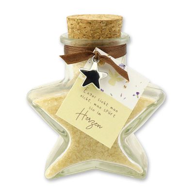 Bath salt 160g in a star shaped glass jar "Engel sieht man nicht...", Swiss pine 