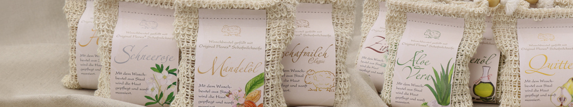150g Kaltgerührte Schafmilchseife klassisch verpackt im Waschbeutel aus Sisal